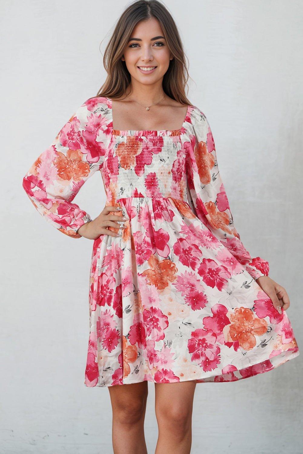 Floral Smocked Square Neck Long Sleeve Dress - BloomBliss.com
