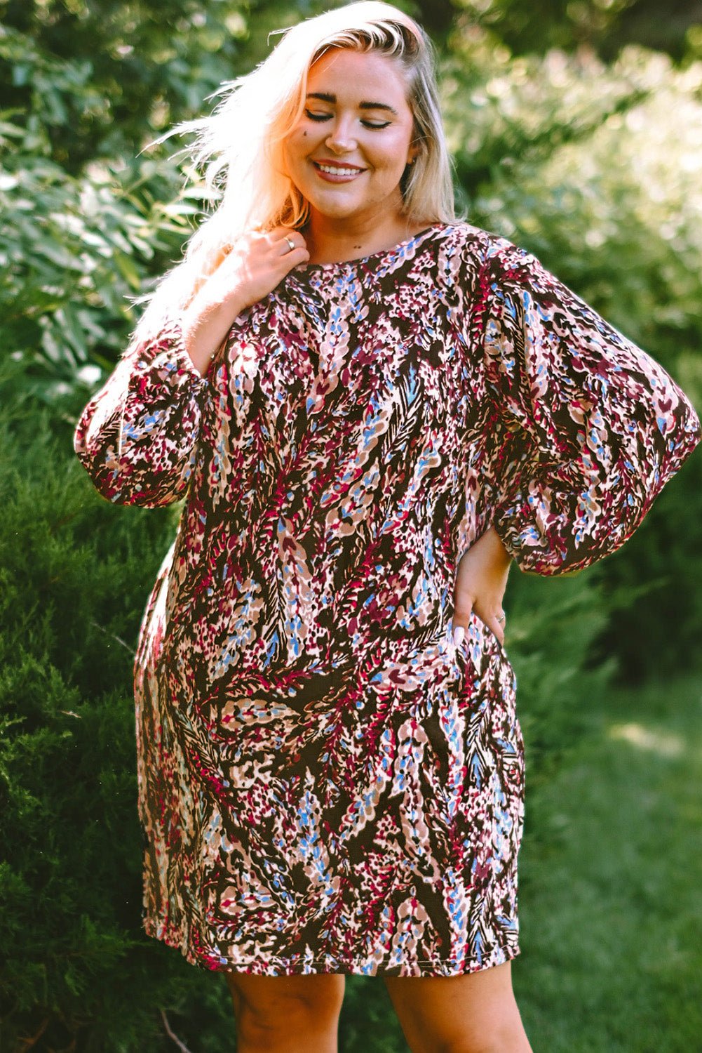 Plus Size Printed Round Neck Long Sleeve Mini Dress - BloomBliss.com