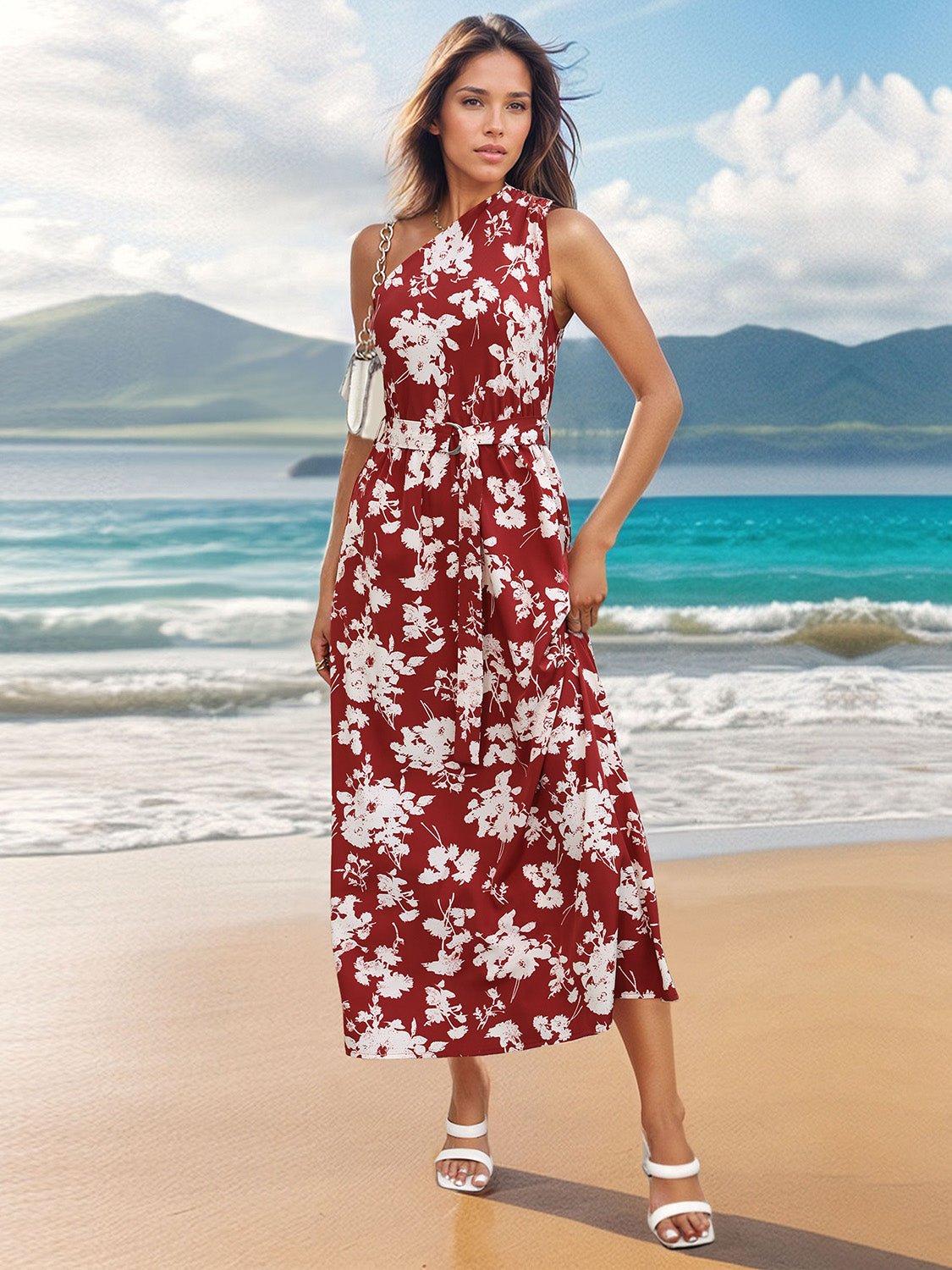 Printed Single Shoulder Sleeveless Dress - BloomBliss.com