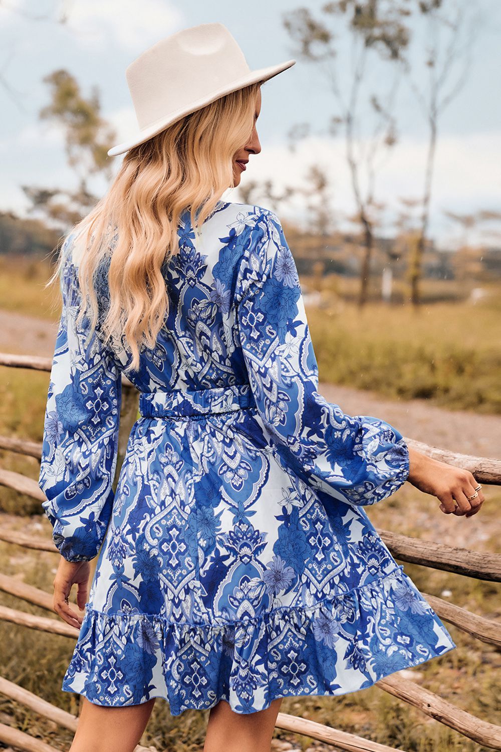 Printed Surplice Neck Long Sleeve Dress - BloomBliss.com