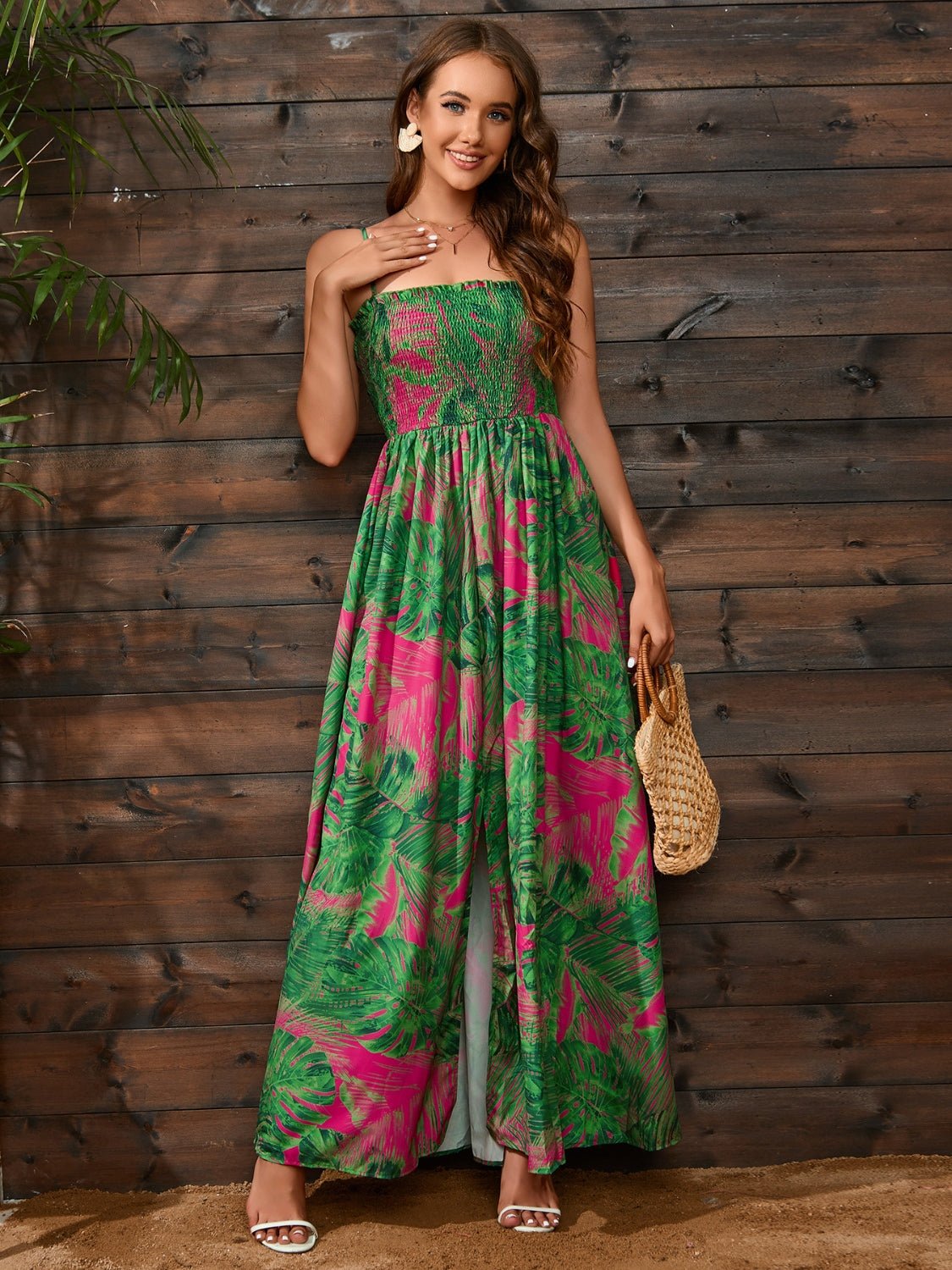 Slit Smocked Printed Spaghetti Strap Dress BloomBliss.com Slit Smocked Printed Spaghetti Strap Dress BloomBliss.com
