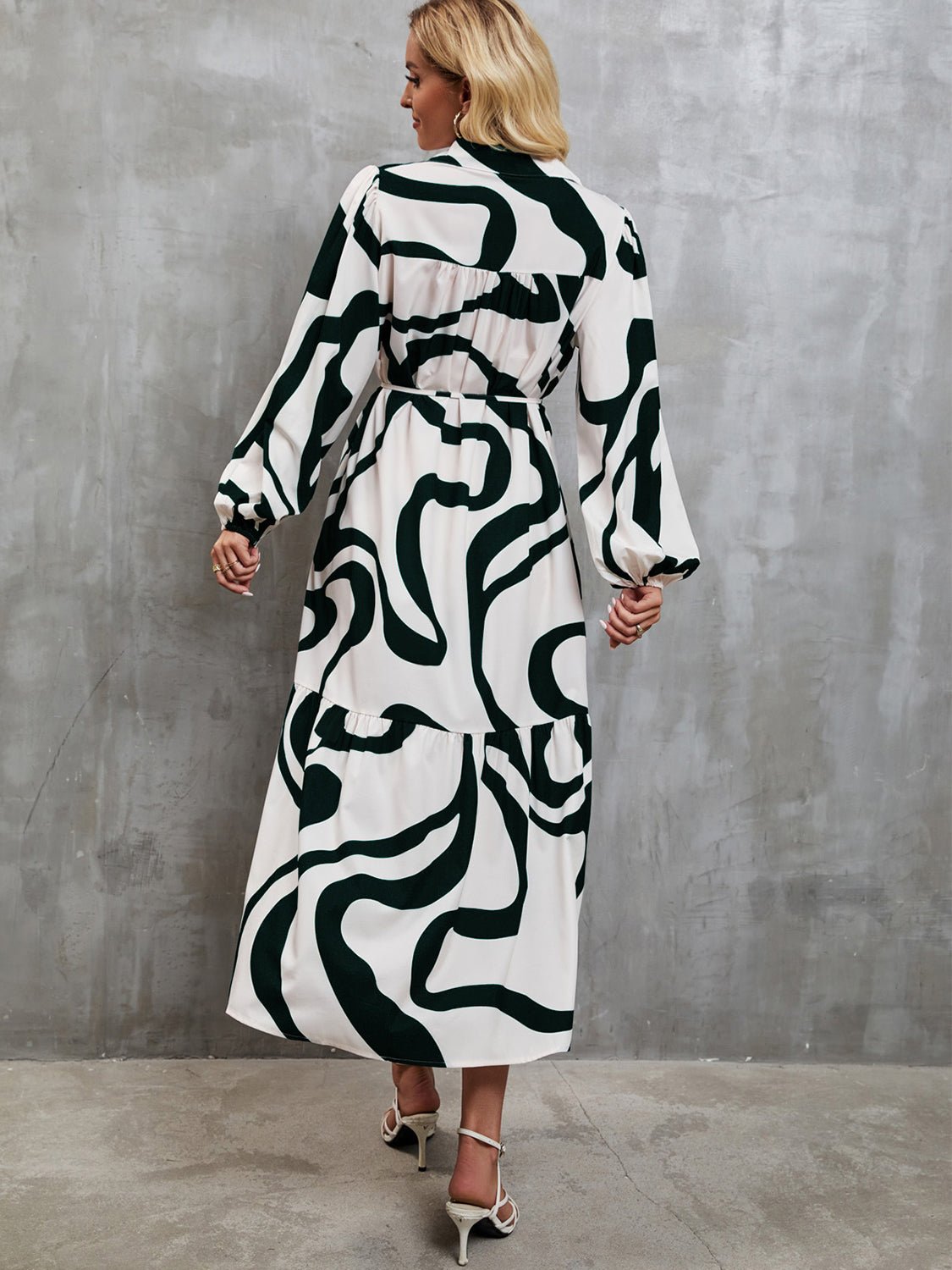 Tied Button Up Balloon Sleeve Dress - BloomBliss.com