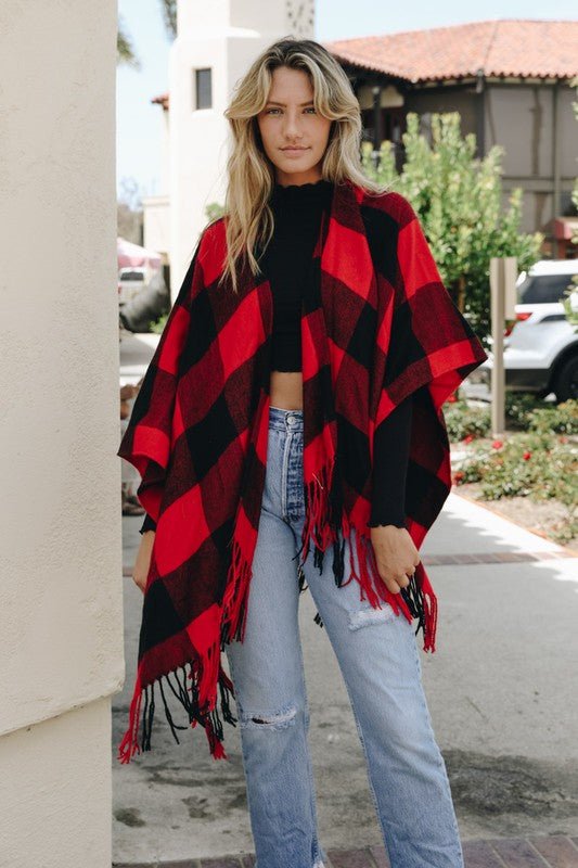 Buffalo Check Tassel Poncho - BloomBliss.com