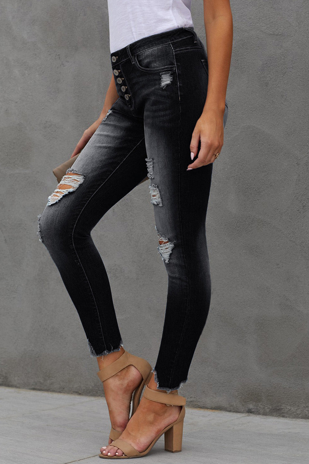 Button Fly Hem Detail Ankle-Length Skinny Jeans - BloomBliss.com