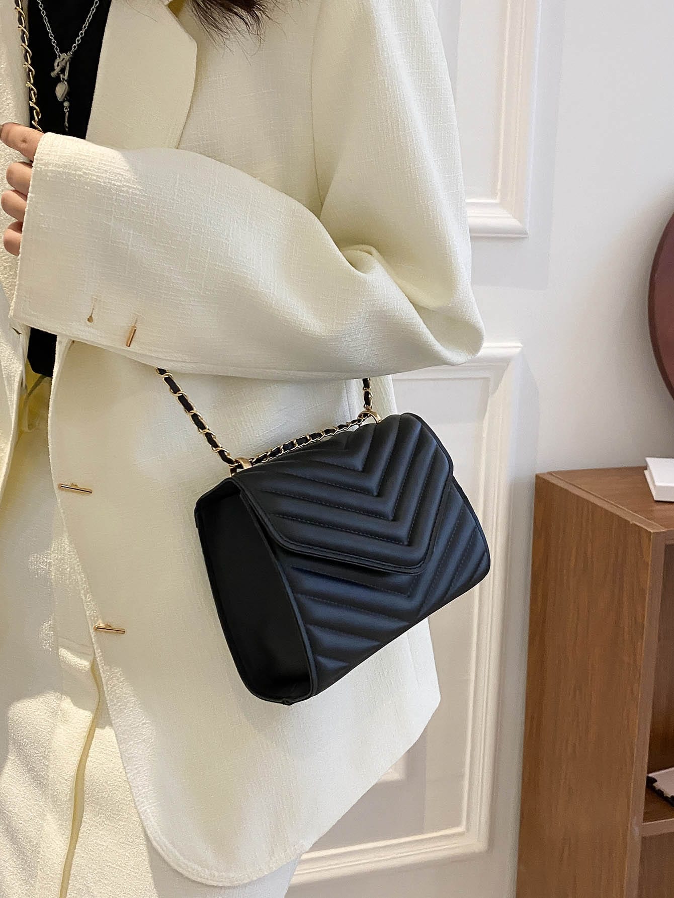 Chevron Pattern Chain Flap Square Bag - BloomBliss.com