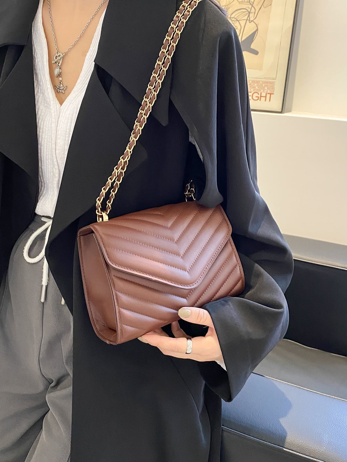 Chevron Pattern Chain Flap Square Bag - BloomBliss.com