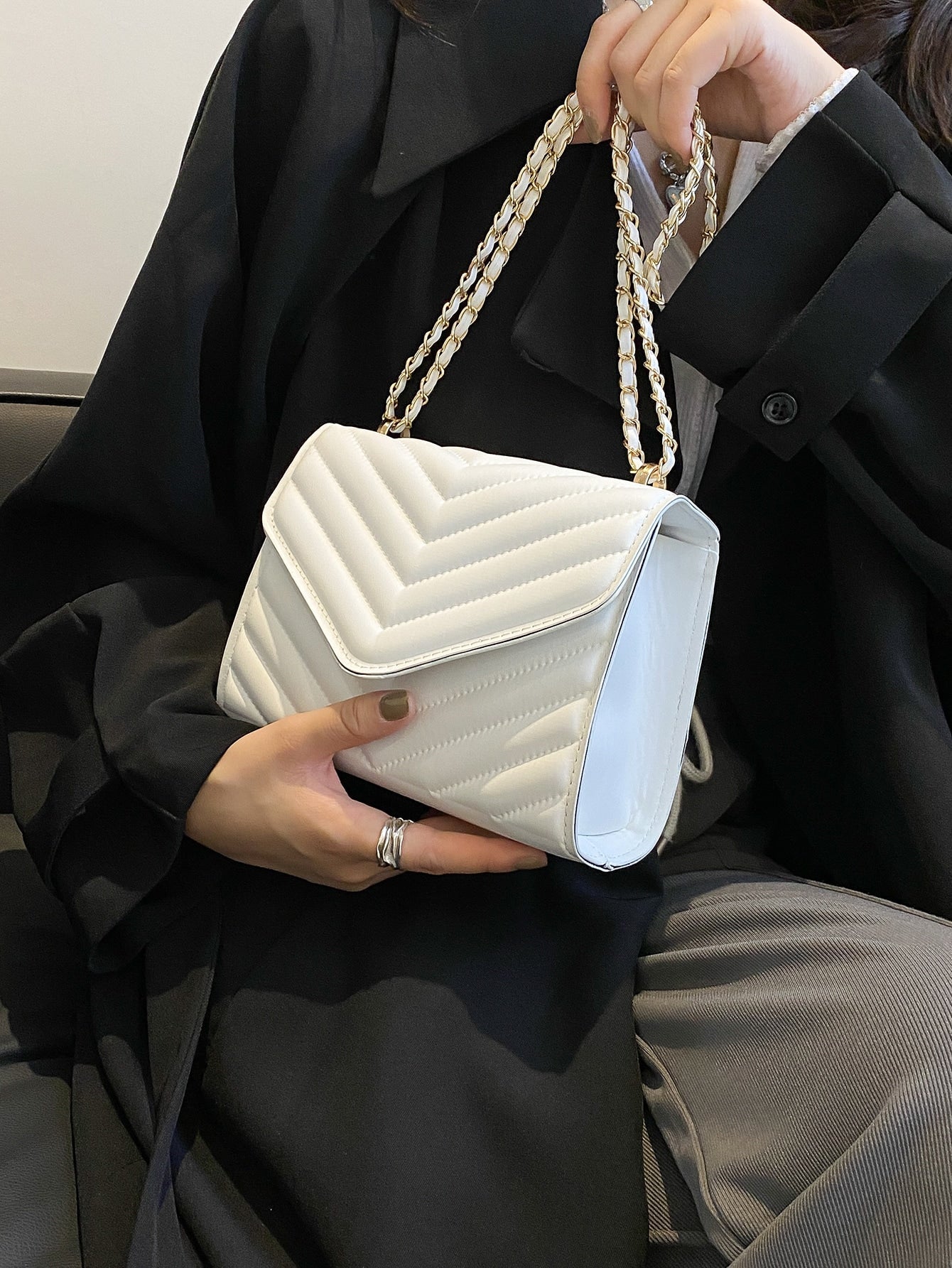 Chevron Pattern Chain Flap Square Bag - BloomBliss.com