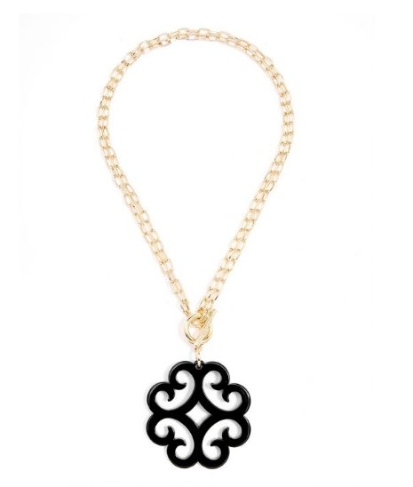 Double Linked Chain Necklace with Black Circular Wave Resin Pendant - BloomBliss.com