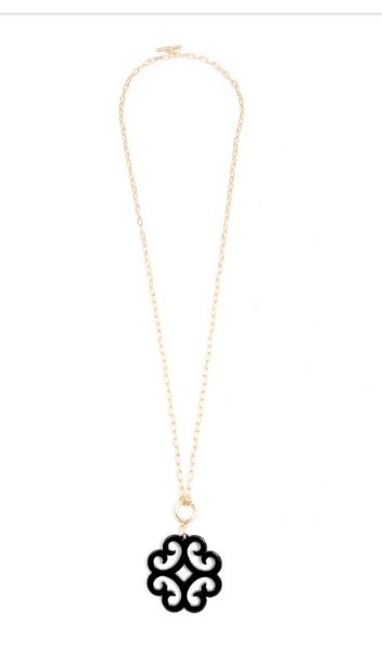 Double Linked Chain Necklace with Black Circular Wave Resin Pendant - BloomBliss.com
