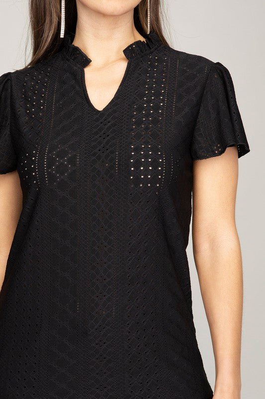 Embroidered eyelet blouse with ruffle - BloomBliss.com