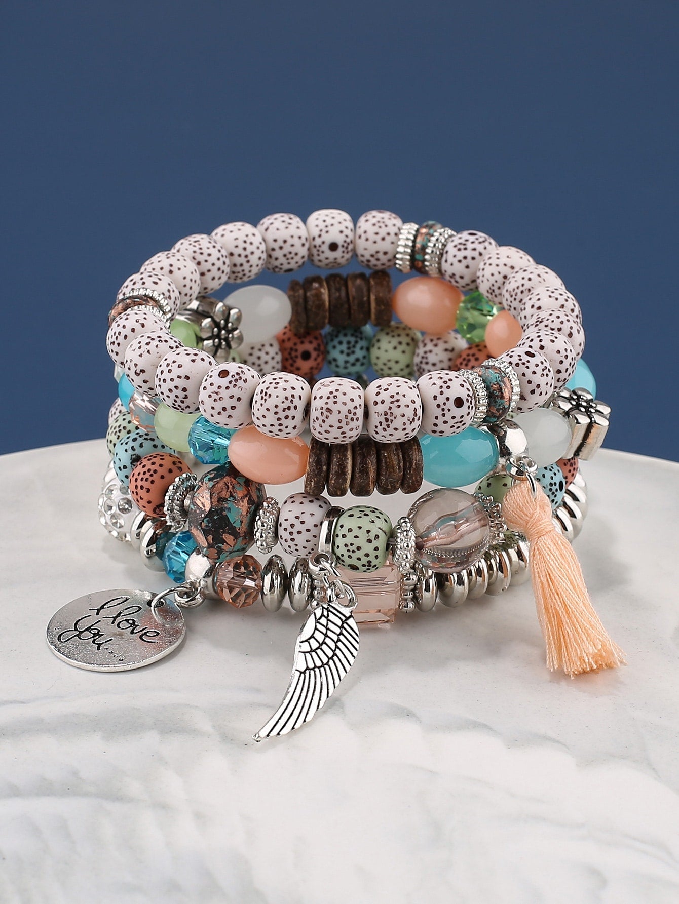 EMERY ROSE 4pcs Round Charm Beaded Bracelet - BloomBliss.com