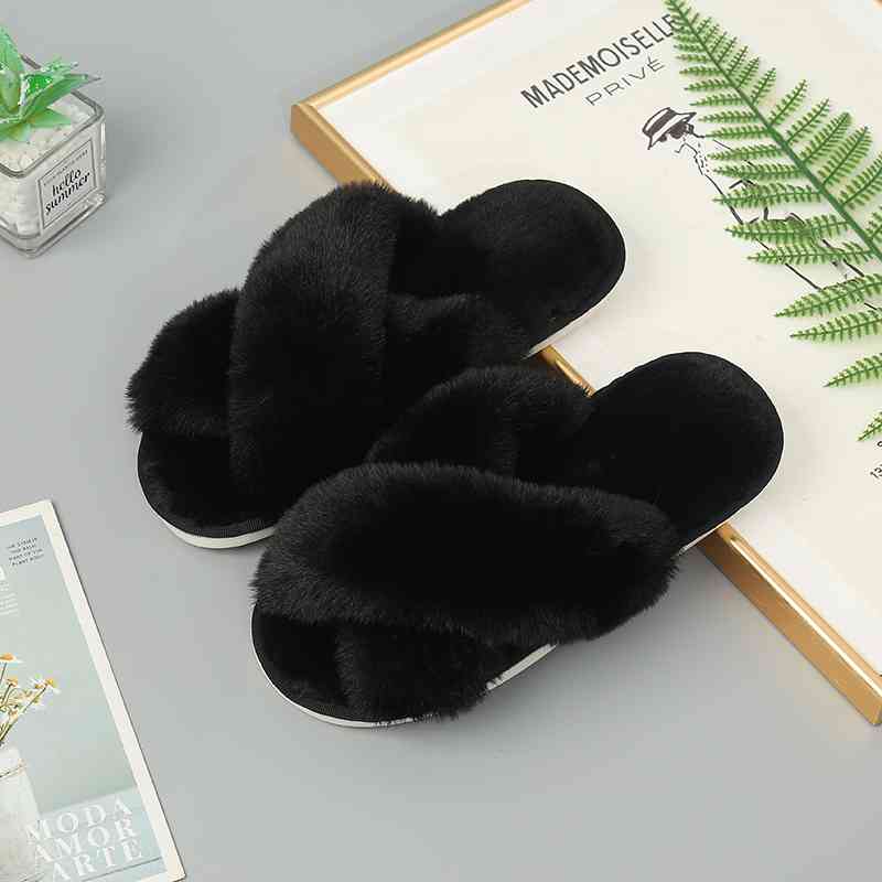 Faux Fur Crisscross Strap Slippers - BloomBliss.com