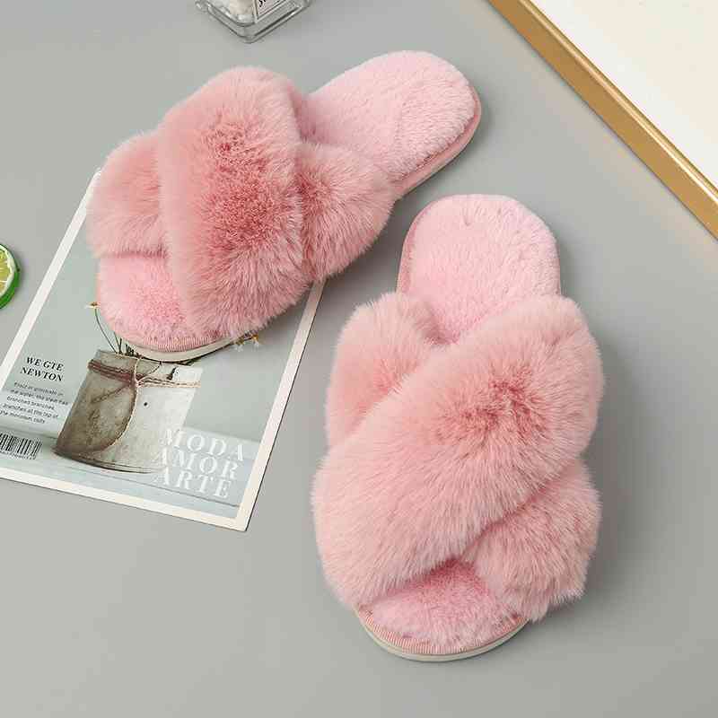 Faux Fur Crisscross Strap Slippers - BloomBliss.com