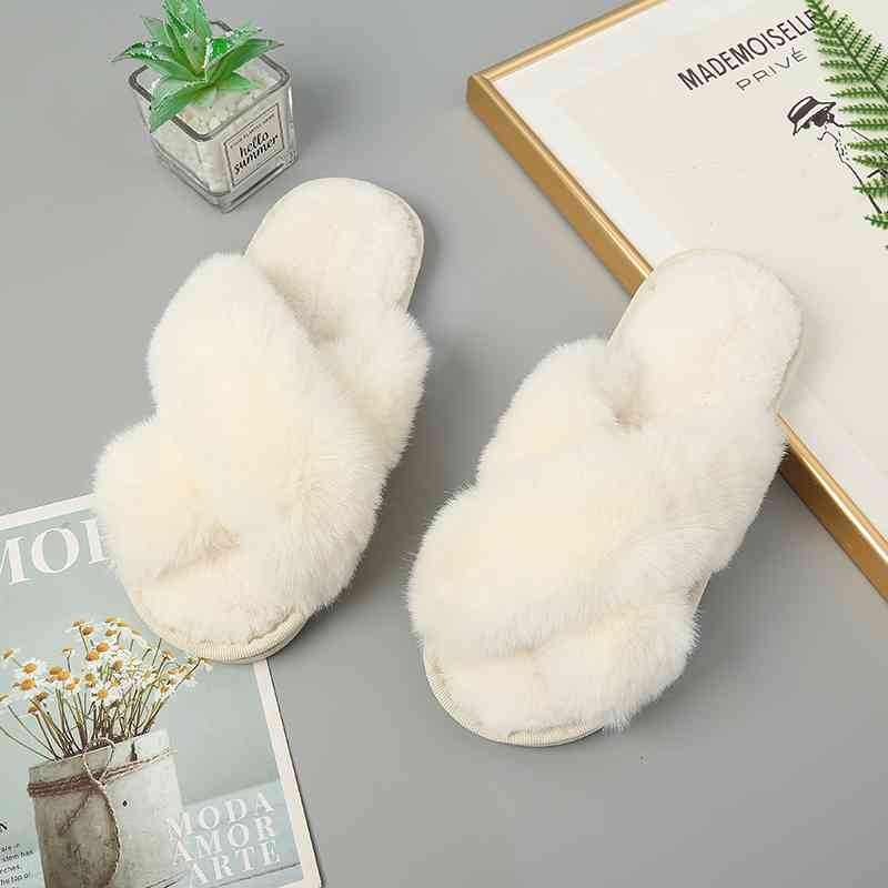 Faux Fur Crisscross Strap Slippers - BloomBliss.com