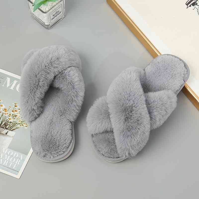 Faux Fur Crisscross Strap Slippers - BloomBliss.com