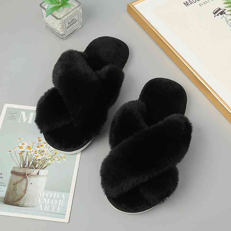 Faux Fur Crisscross Strap Slippers - BloomBliss.com