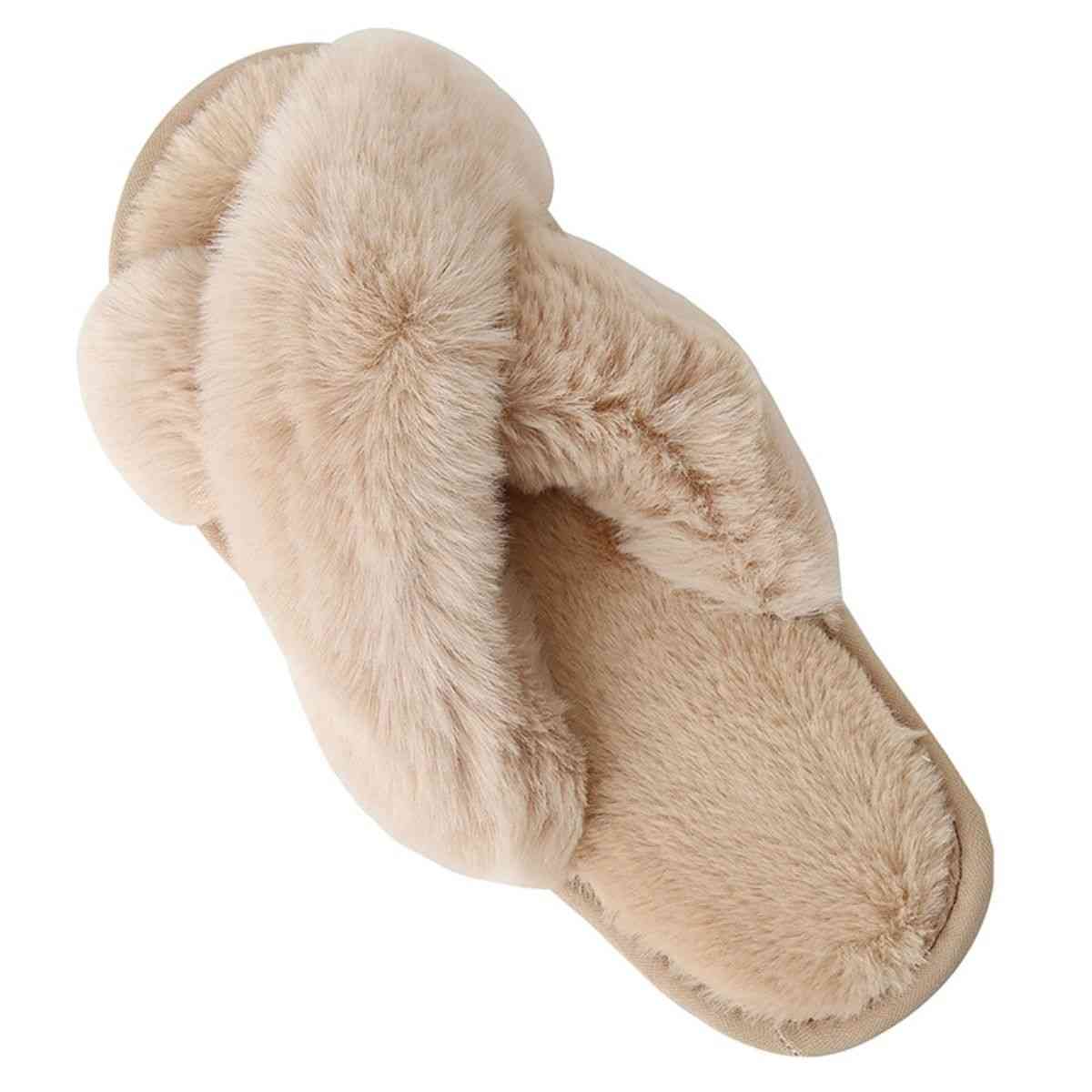 Faux Fur Crisscross Strap Slippers - BloomBliss.com