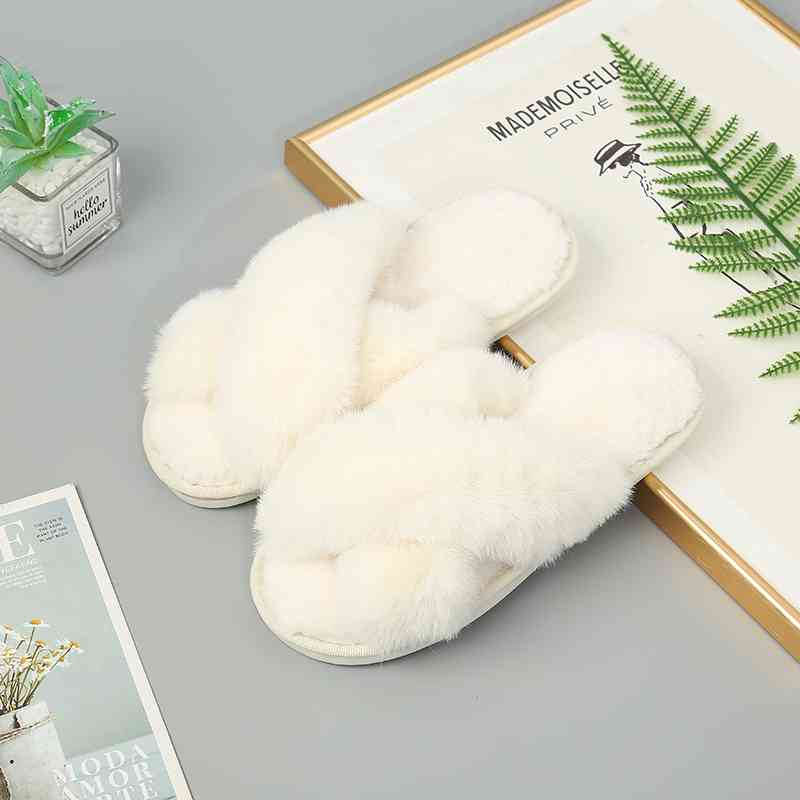 Faux Fur Crisscross Strap Slippers - BloomBliss.com