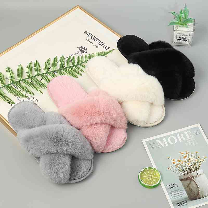 Faux Fur Crisscross Strap Slippers - BloomBliss.com