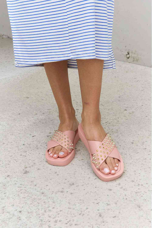 Forever Link Studded Cross Strap Sandals in Blush - BloomBliss.com