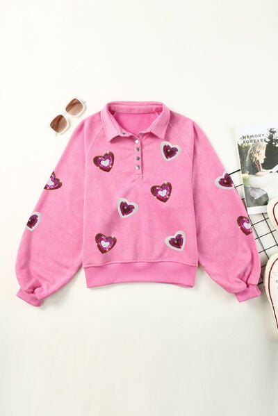 Heart Sequin Half Snap Mineral Wash Sweatshirt - BloomBliss.com