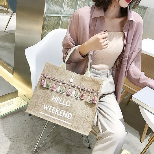 Hello Weekend Tassel Tote Bag - BloomBliss.com