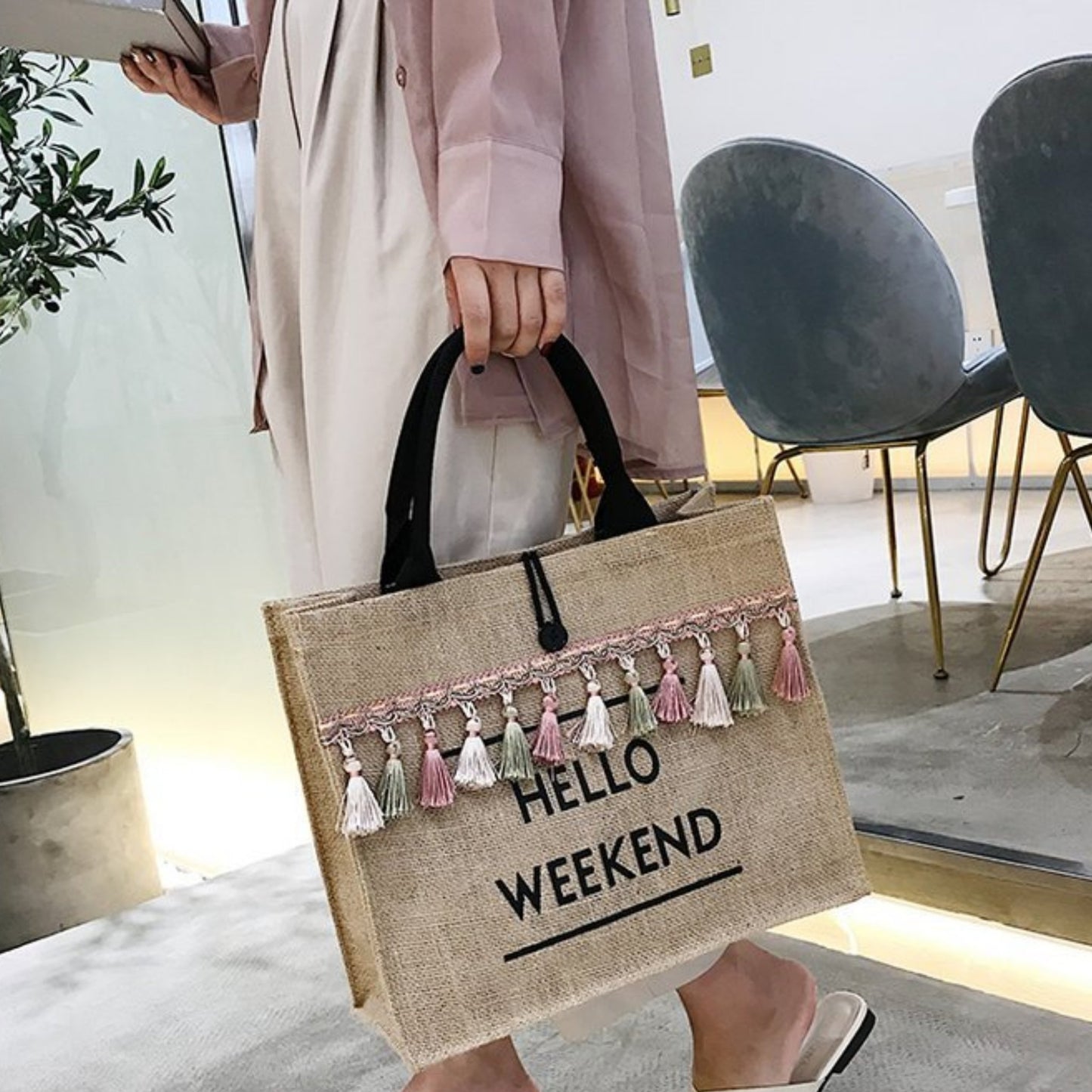 Hello Weekend Tassel Tote Bag - BloomBliss.com