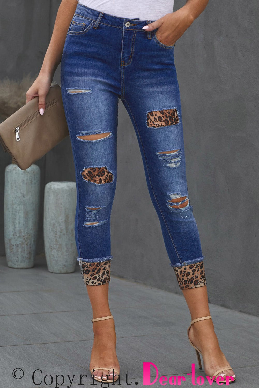 Leopard Patch Distressed Cropped Jeans - BloomBliss.com