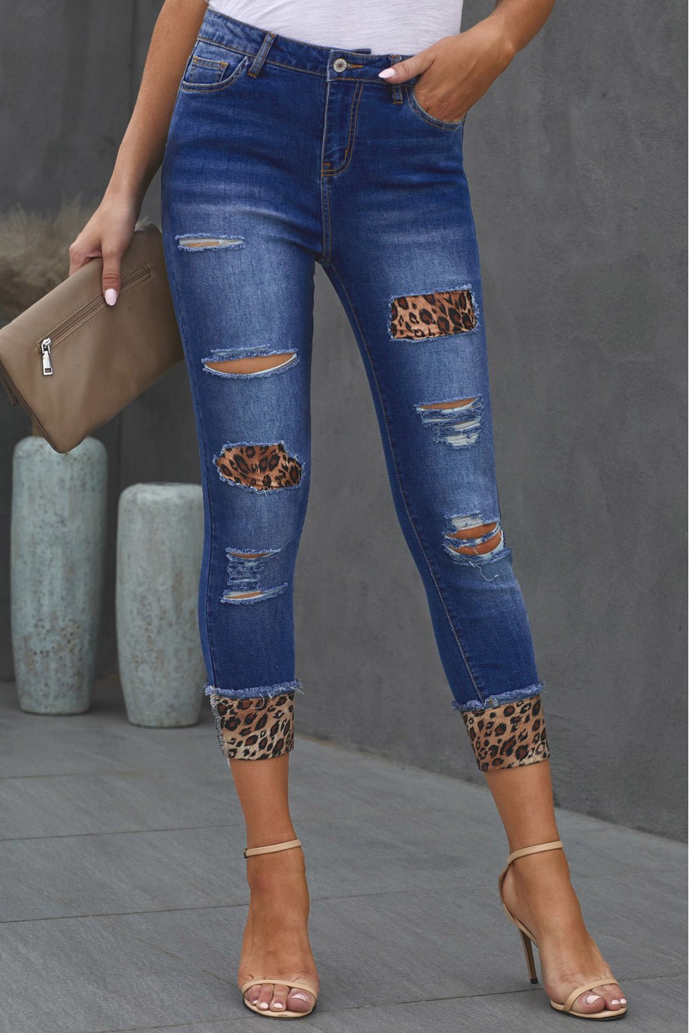 Leopard Patch Distressed Cropped Jeans - BloomBliss.com