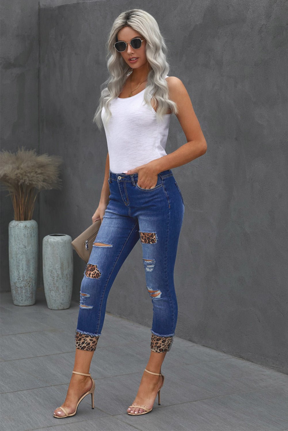 Leopard Patch Distressed Cropped Jeans - BloomBliss.com