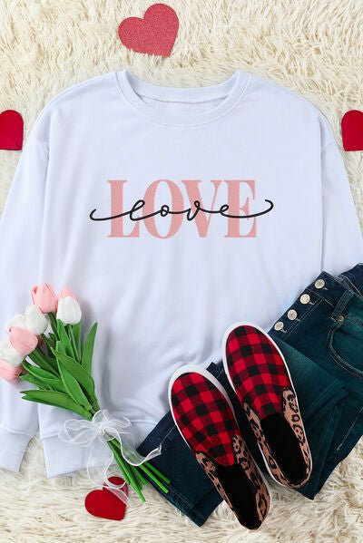 LOVE Round Neck Dropped Shoulder Sweatshirt - BloomBliss.com