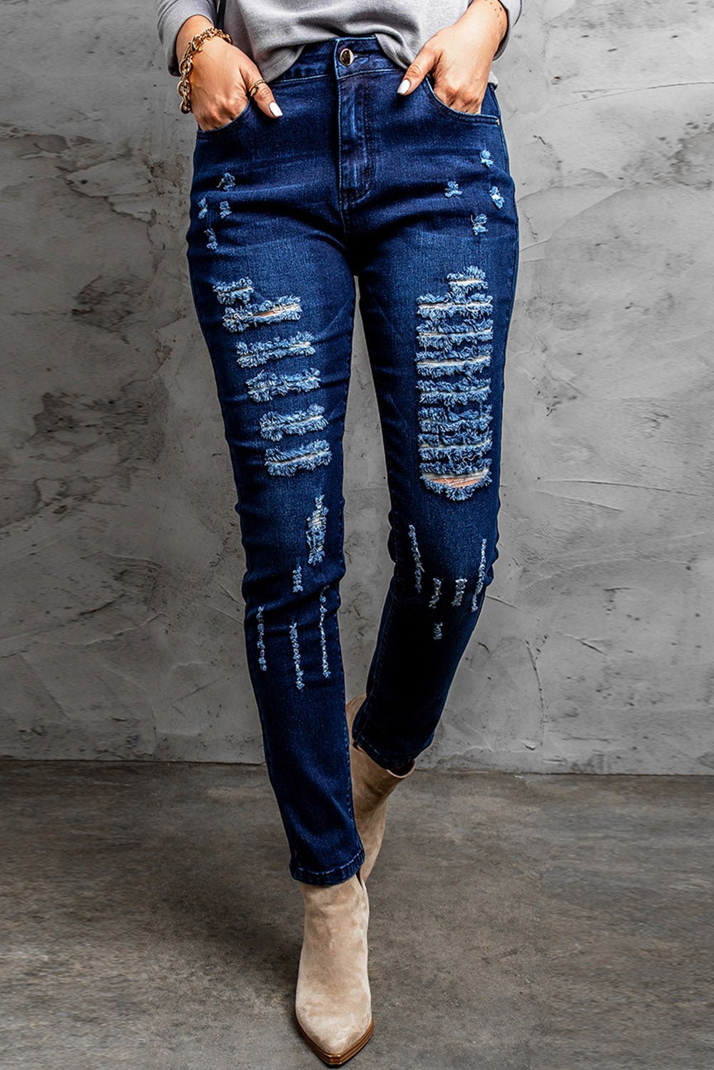 Mid-Rise Waist Distressed Skinny Jeans - BloomBliss.com