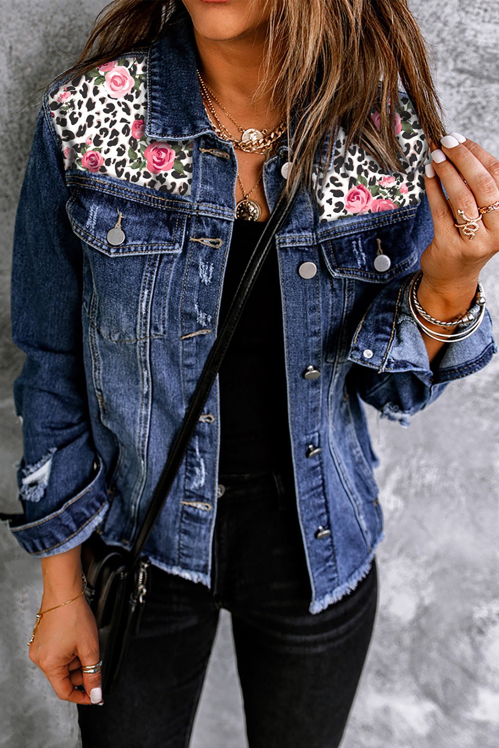 Mixed Print Distressed Button Front Denim Jacket - BloomBliss.com