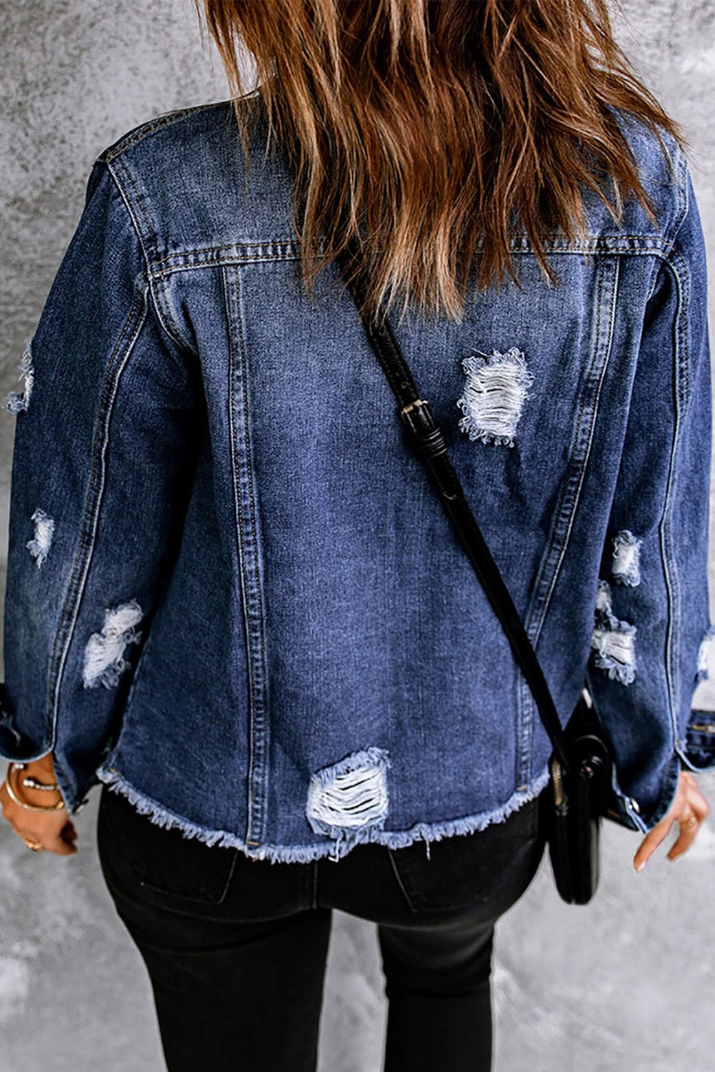 Mixed Print Distressed Button Front Denim Jacket - BloomBliss.com