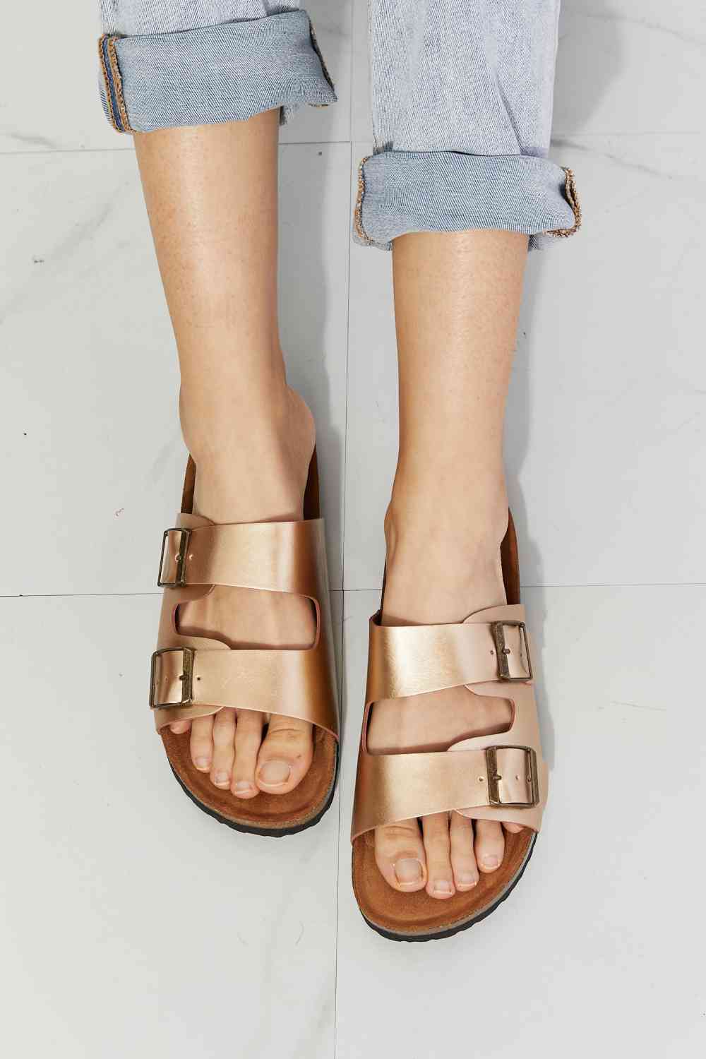 MMShoes Best Life Double-Banded Slide Sandal in Gold - BloomBliss.com