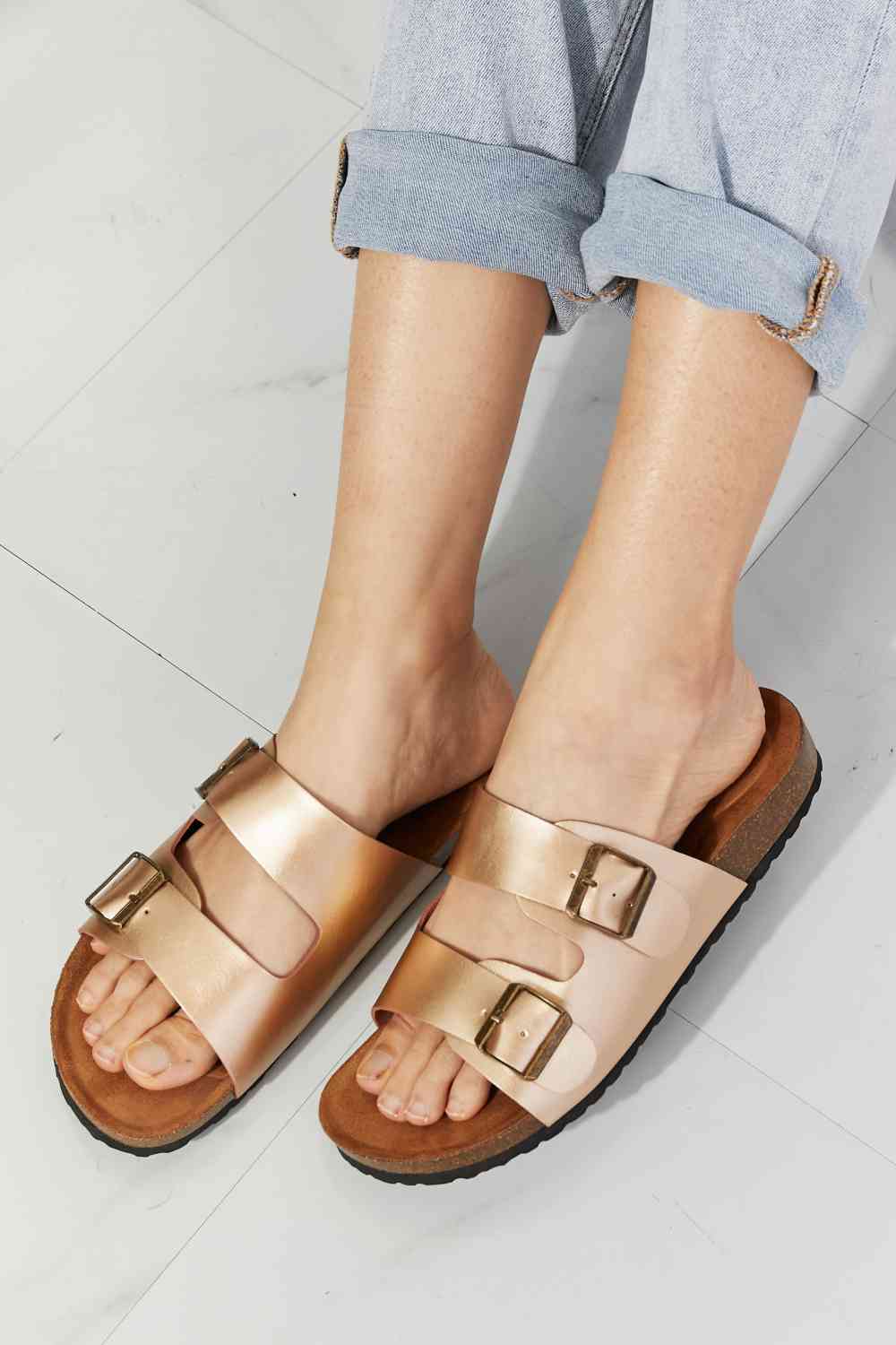 MMShoes Best Life Double-Banded Slide Sandal in Gold - BloomBliss.com