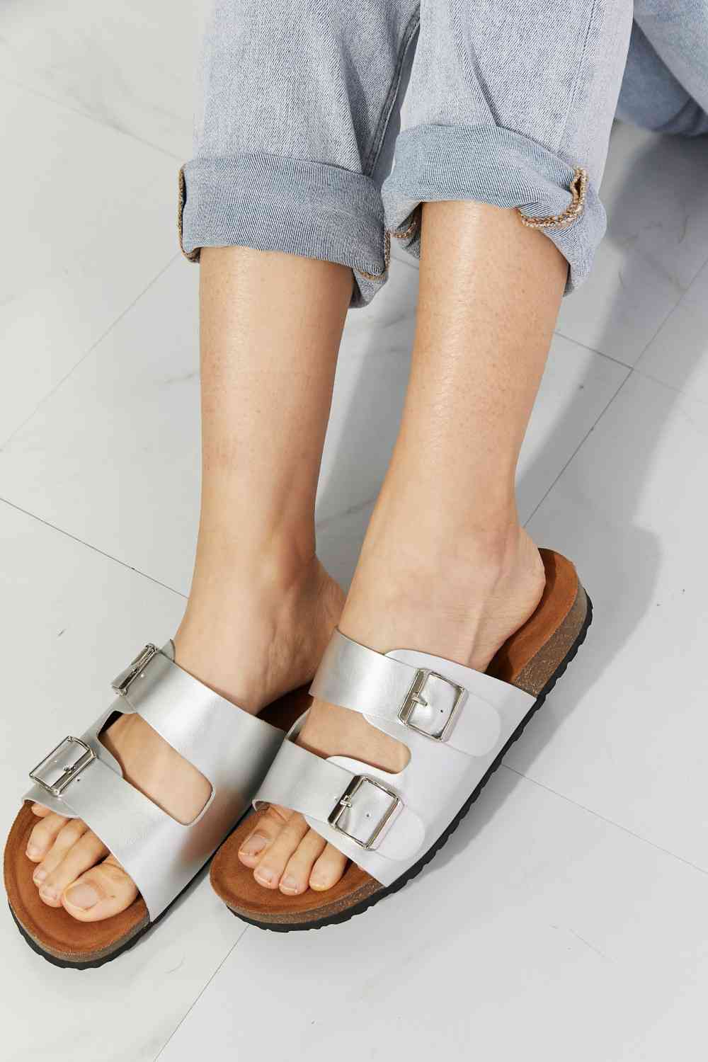 MMShoes Best Life Double-Banded Slide Sandal in Silver - BloomBliss.com