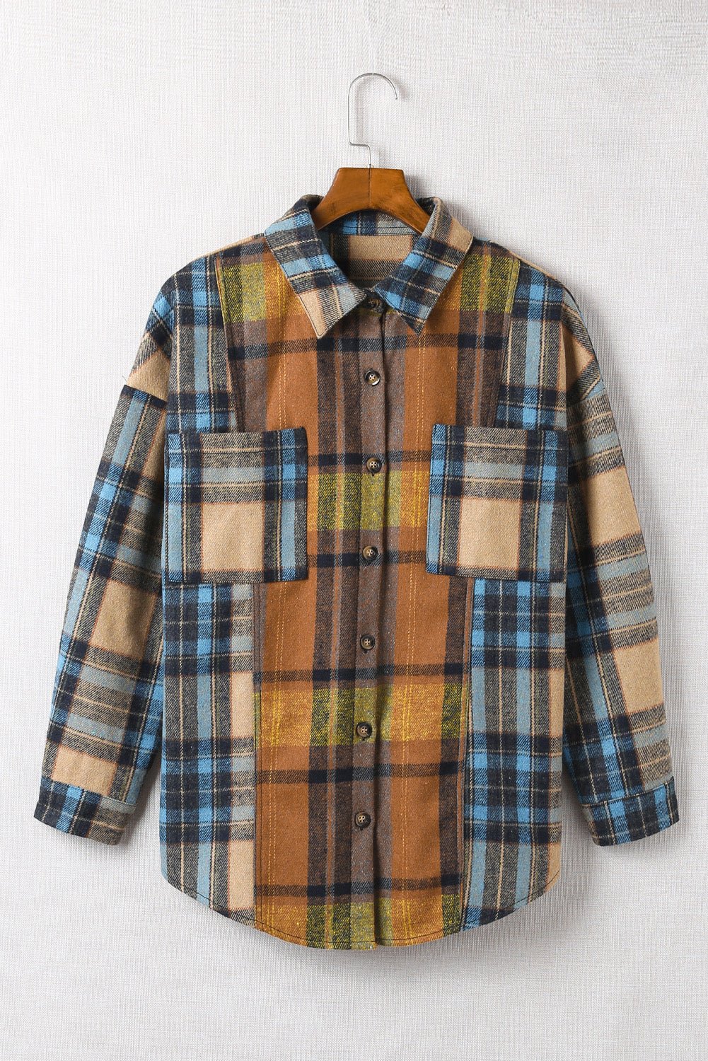 Plaid Curved Hem Shirt Jacket with Breast Pockets - BloomBliss.com