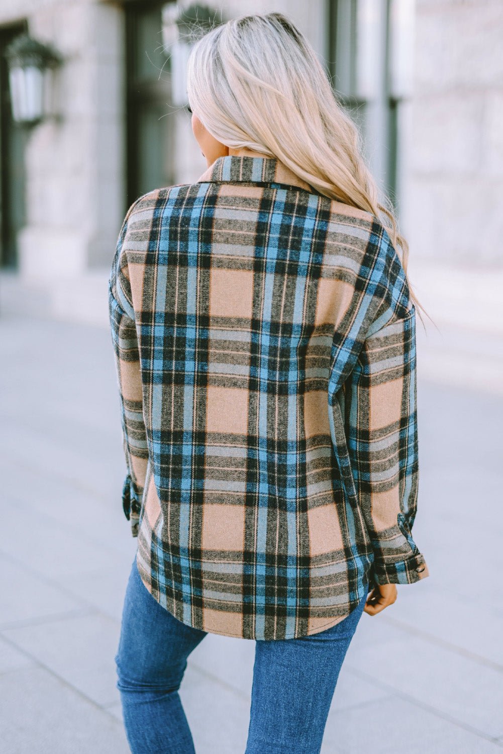 Plaid Curved Hem Shirt Jacket with Breast Pockets - BloomBliss.com