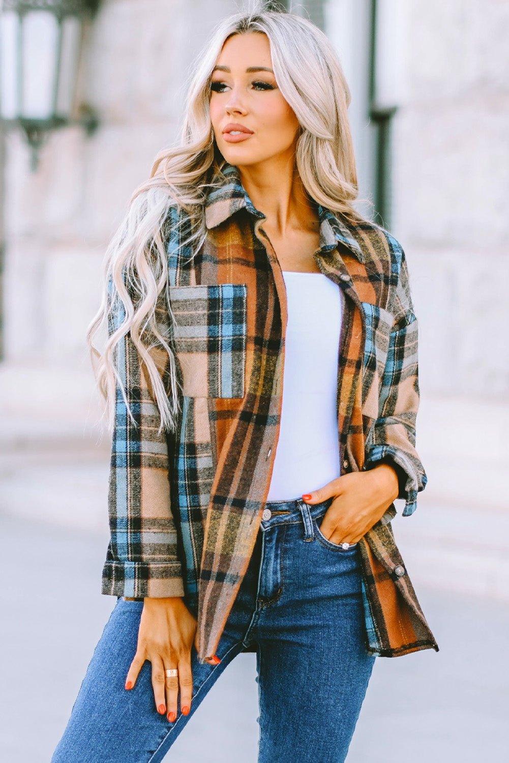 Plaid Curved Hem Shirt Jacket with Breast Pockets - BloomBliss.com