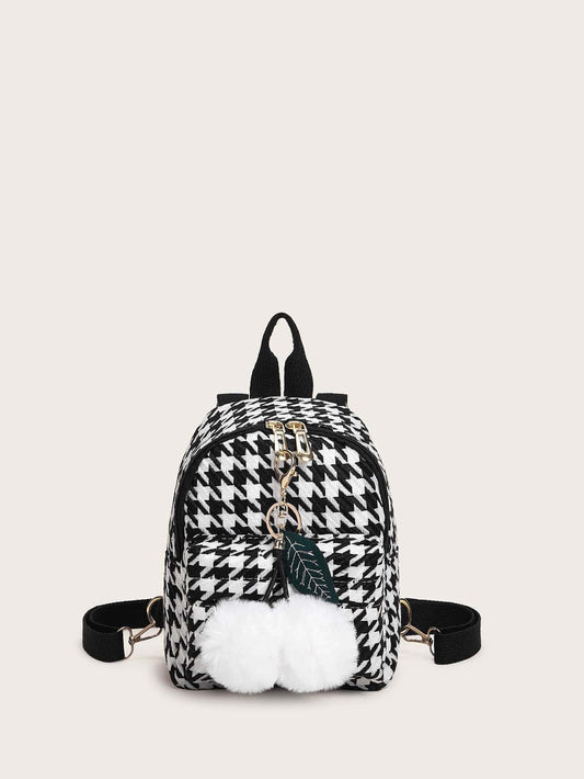 Pom Pom Decor Houndstooth Backpack - BloomBliss.com
