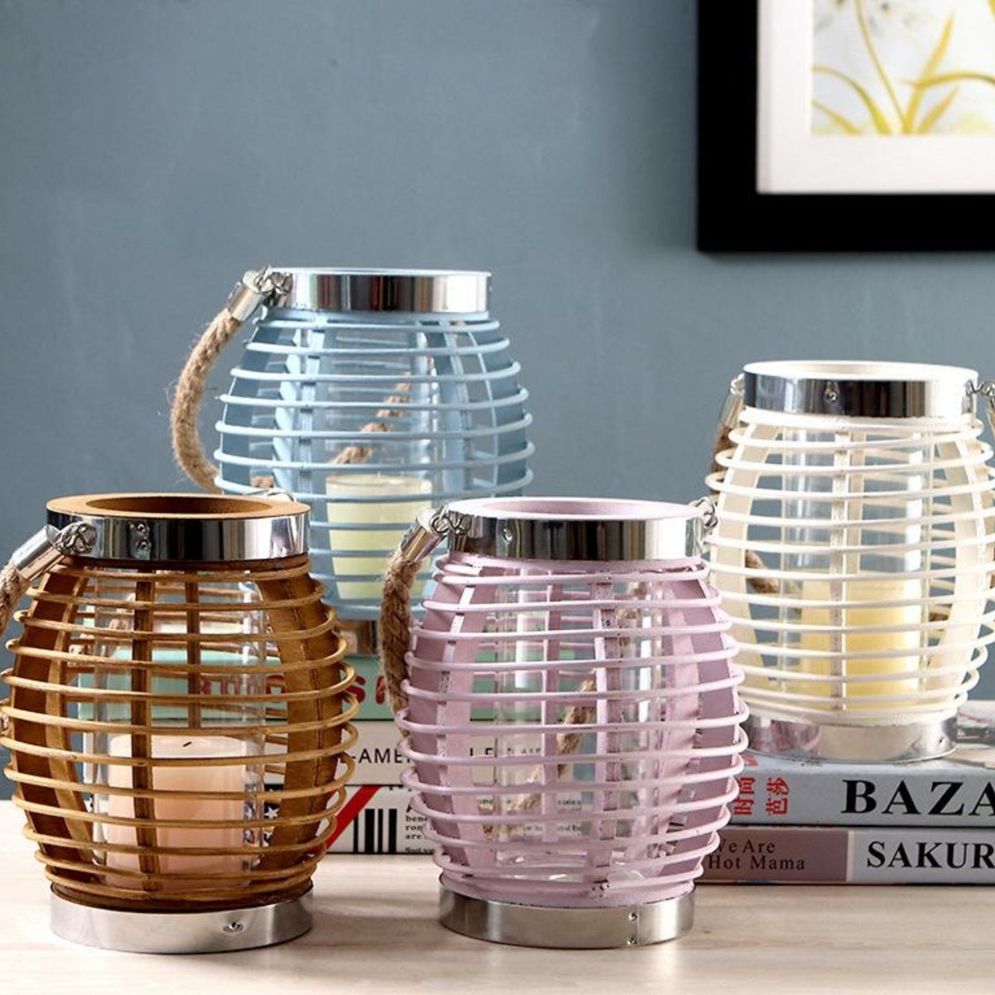 Powder Blue Rattan Lantern - BloomBliss.com