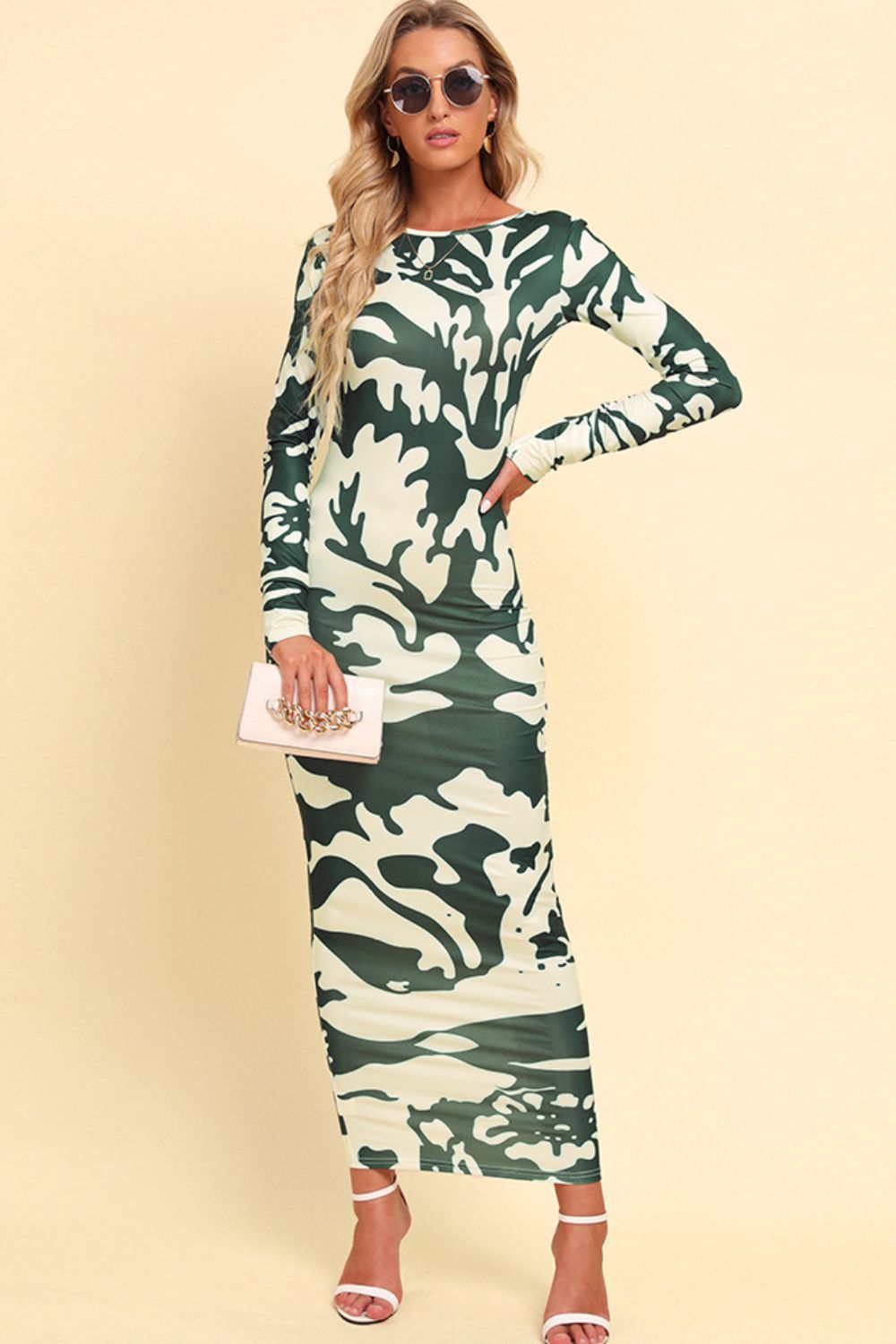 Printed Backless Long Sleeve Maxi Dress - BloomBliss.com
