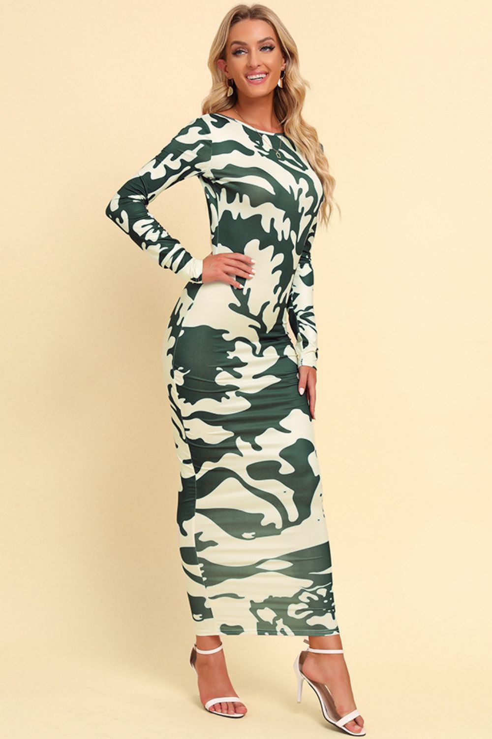 Printed Backless Long Sleeve Maxi Dress - BloomBliss.com