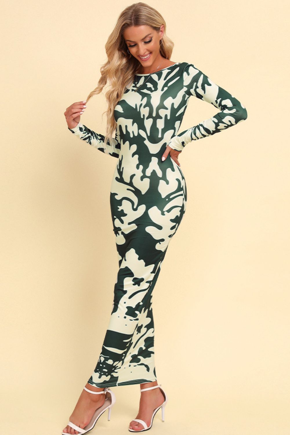 Printed Backless Long Sleeve Maxi Dress - BloomBliss.com