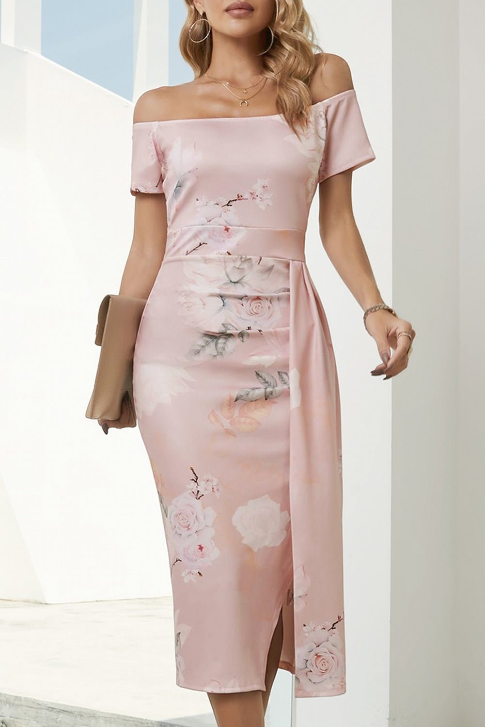 Printed Off-Shoulder Split Dress - BloomBliss.com