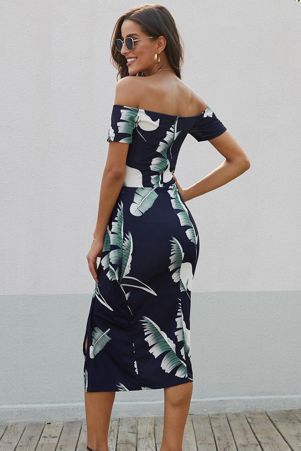 Printed Off-Shoulder Split Dress - BloomBliss.com