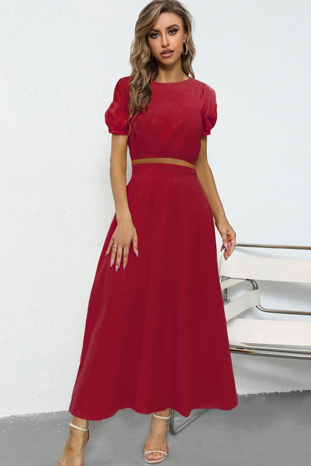 Puff Sleeve Crop Top and Maxi Skirt Set - BloomBliss.com