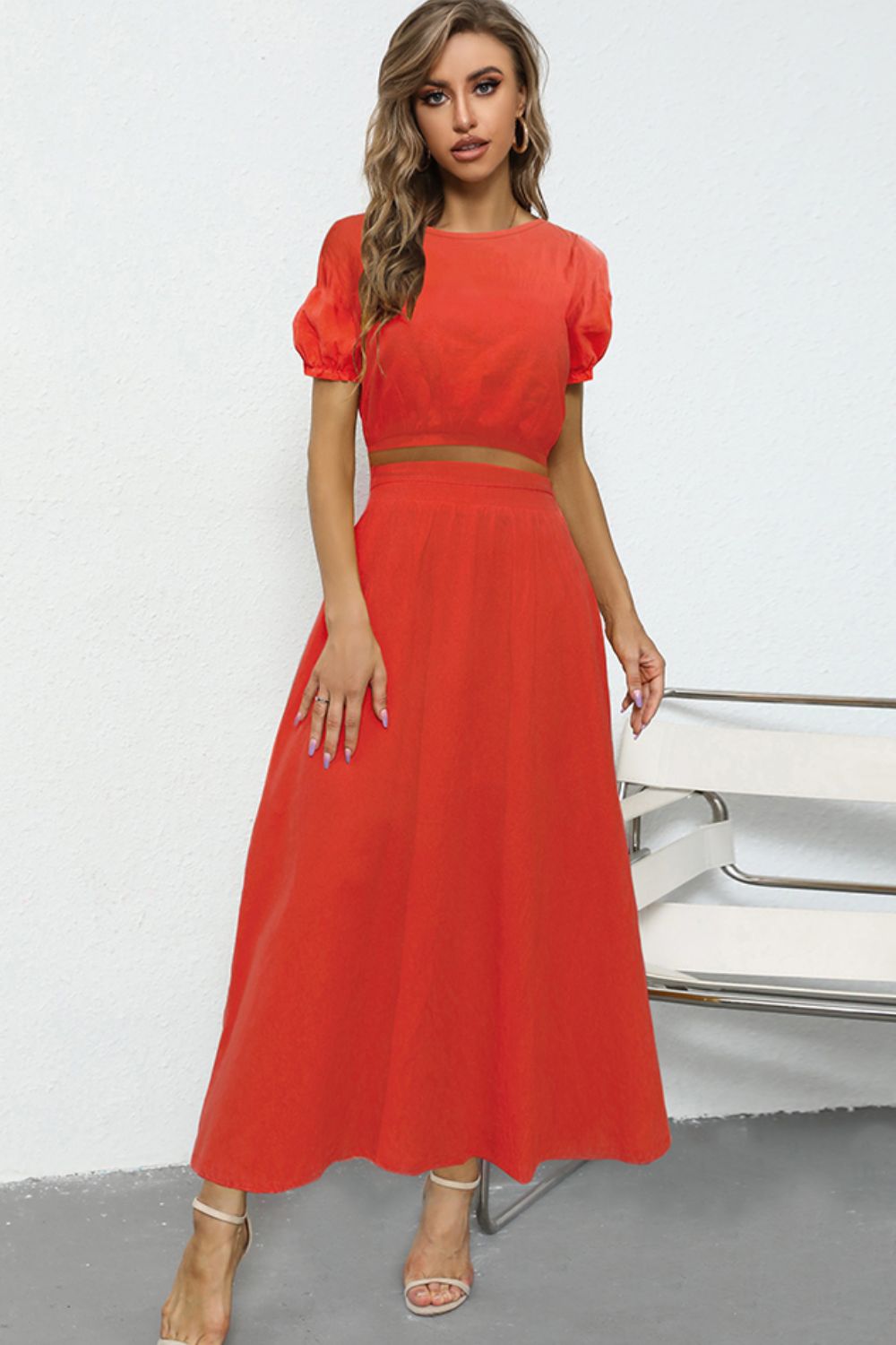 Puff Sleeve Crop Top and Maxi Skirt Set - BloomBliss.com