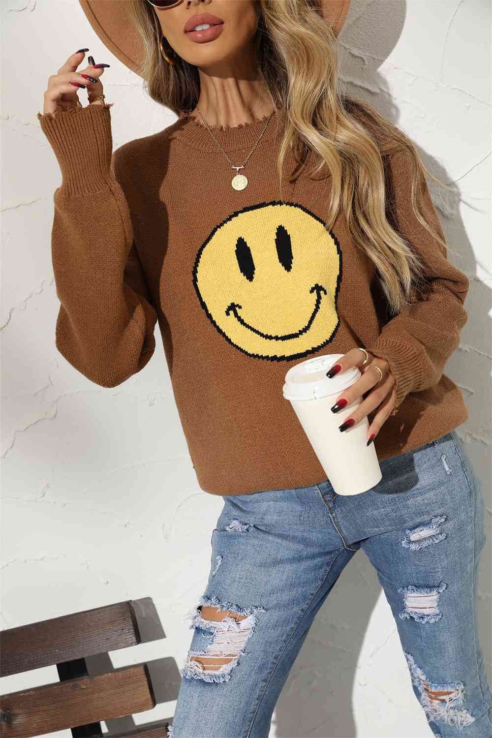 Round Neck Long Sleeve Smily Face Graphic Sweater - BloomBliss.com
